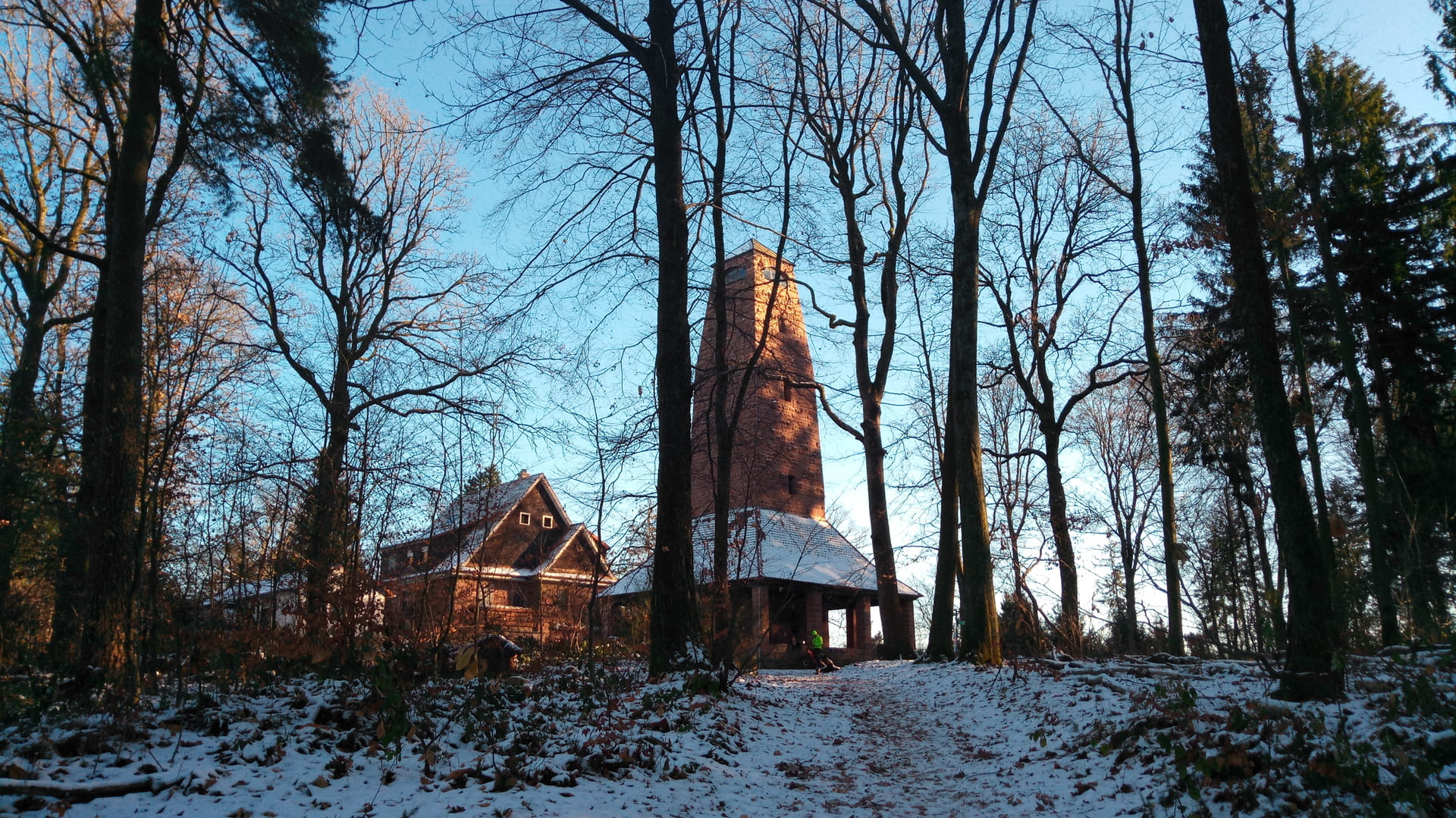 Blick durch den Wald auf die Gaststätte Weißer Stein mit Aussichtsturm im Winter bei Schnee