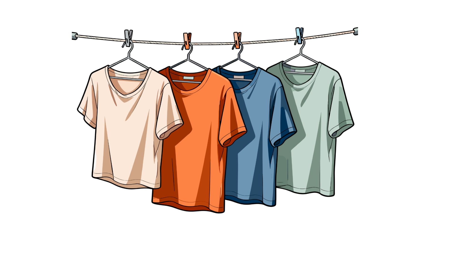 Vier bunte T-shirts hängen an einer Wäscheleine (Grafik)